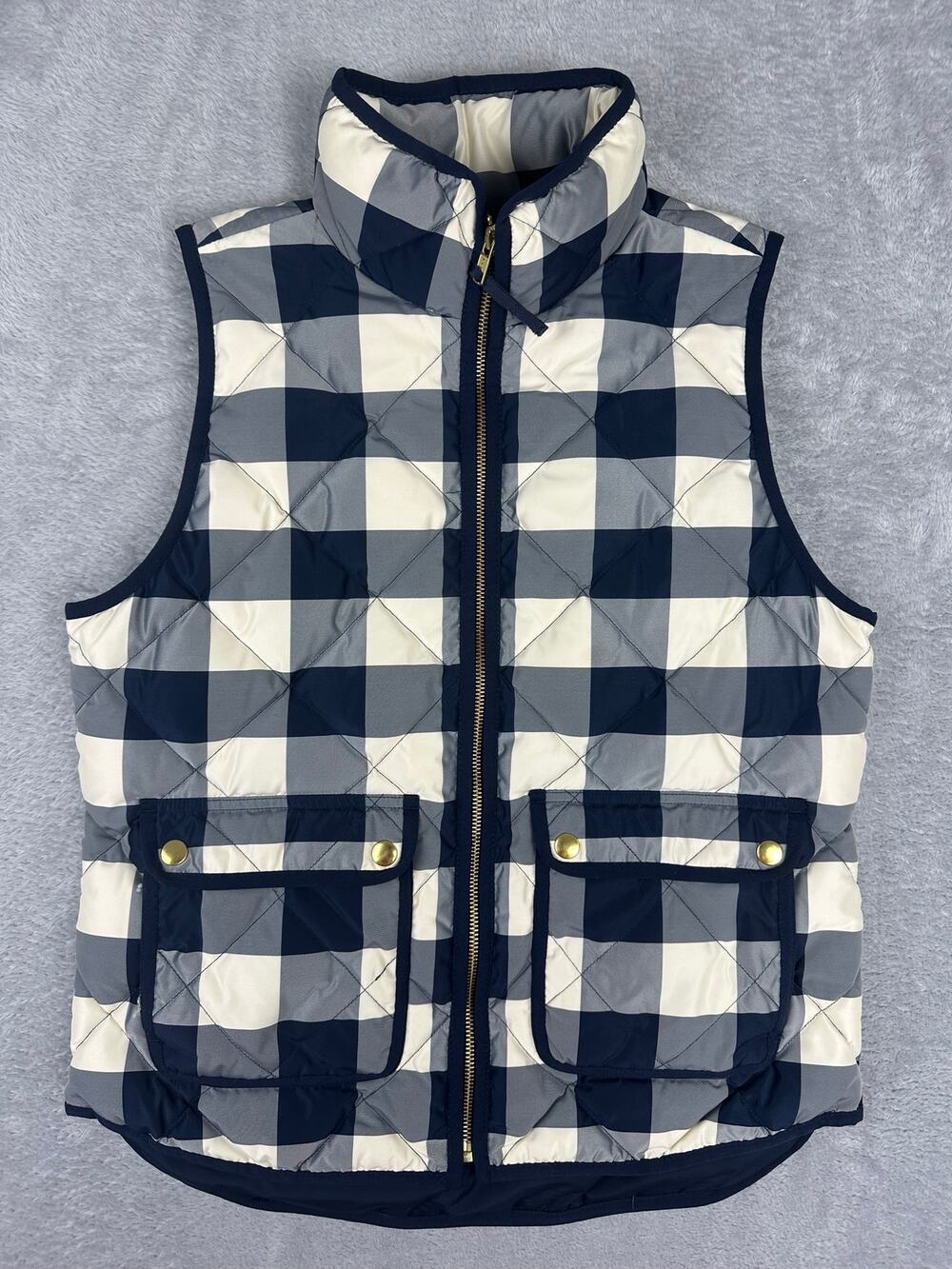 J Crew Excursion Quilted Down Puffer Vest Buffalo Plaid Navy Cream NWOT - S